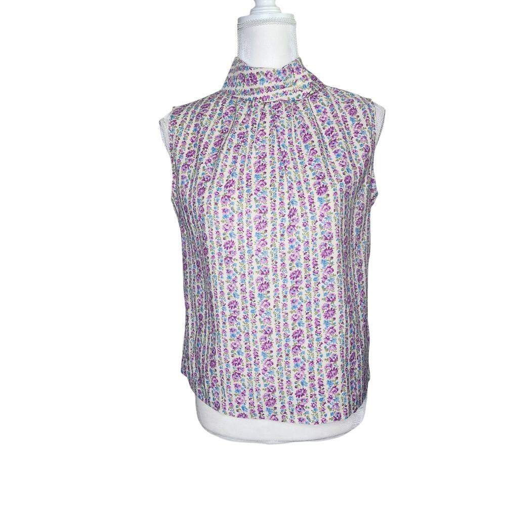 Vintage Purple Cottage Floral High Neck Sleeveless Blouse Women's Size Small